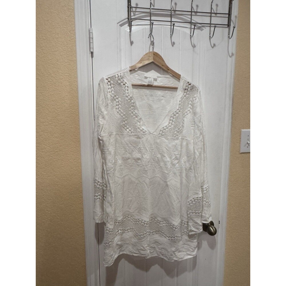 La Blanca White Embroidered Tunic Dress Beach Coverup, Long Sleeve Large - Picture 2 of 13
